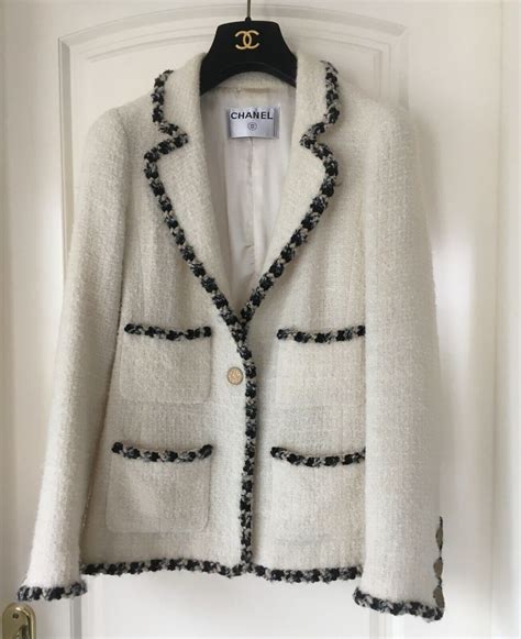 chanel white knit jacket|Chanel white tweed jacket.